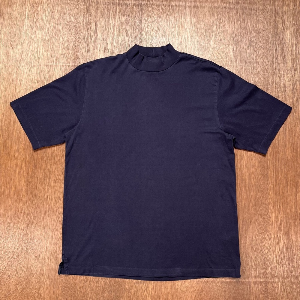 Vintage Lands End Mock Neck T-Shirt Navy Blue Short Sleeve Large 42-44
